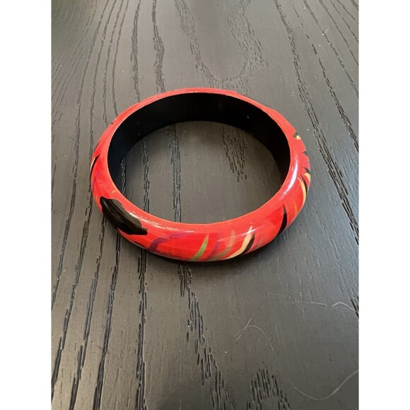 Red‎ Wooden Bangle With Black Green And Yellow - Picture 2 of 4